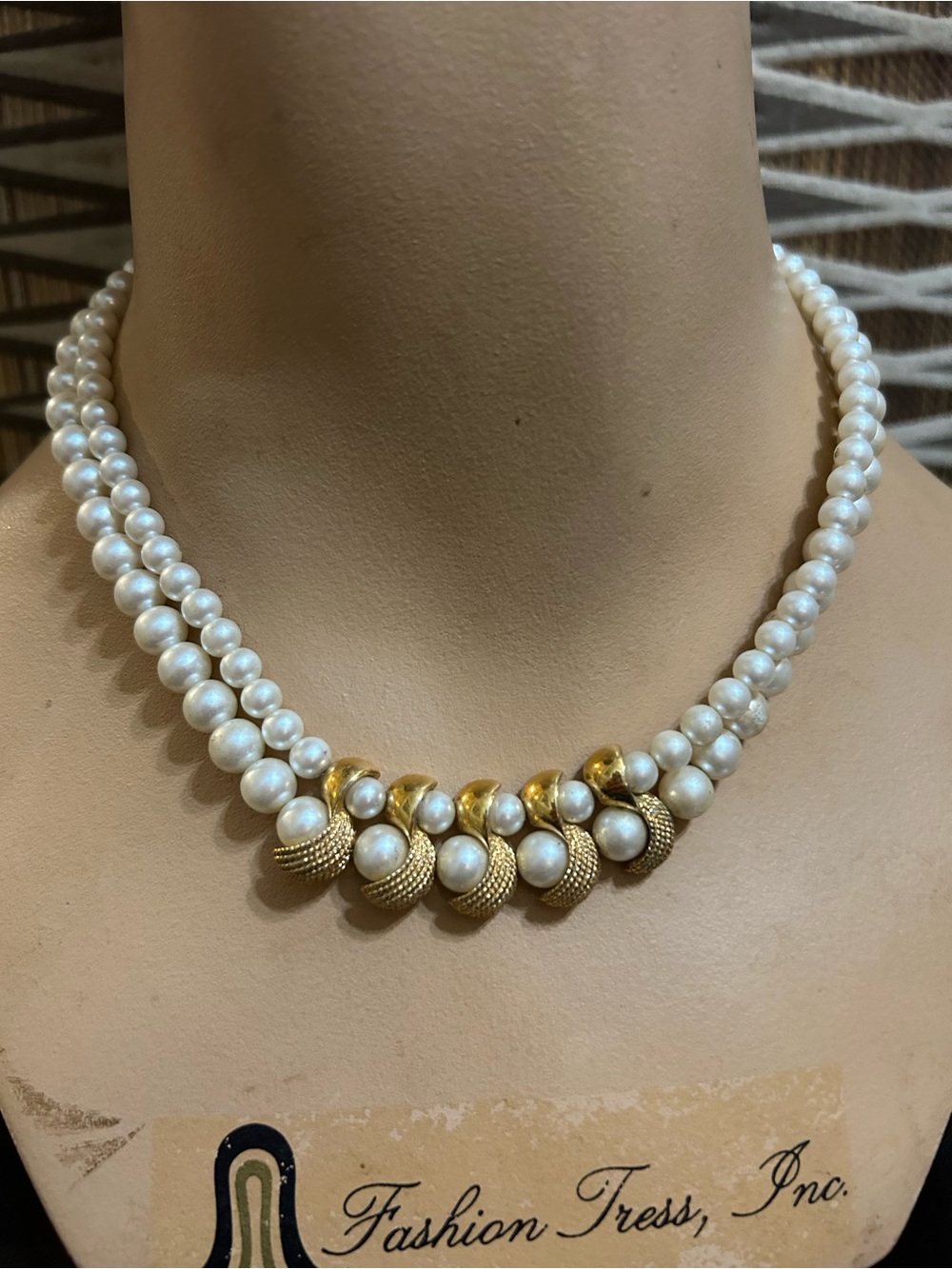 Vintage Napier Double-Strand Faux Pearl Necklace w/ Gold-Tone Beads